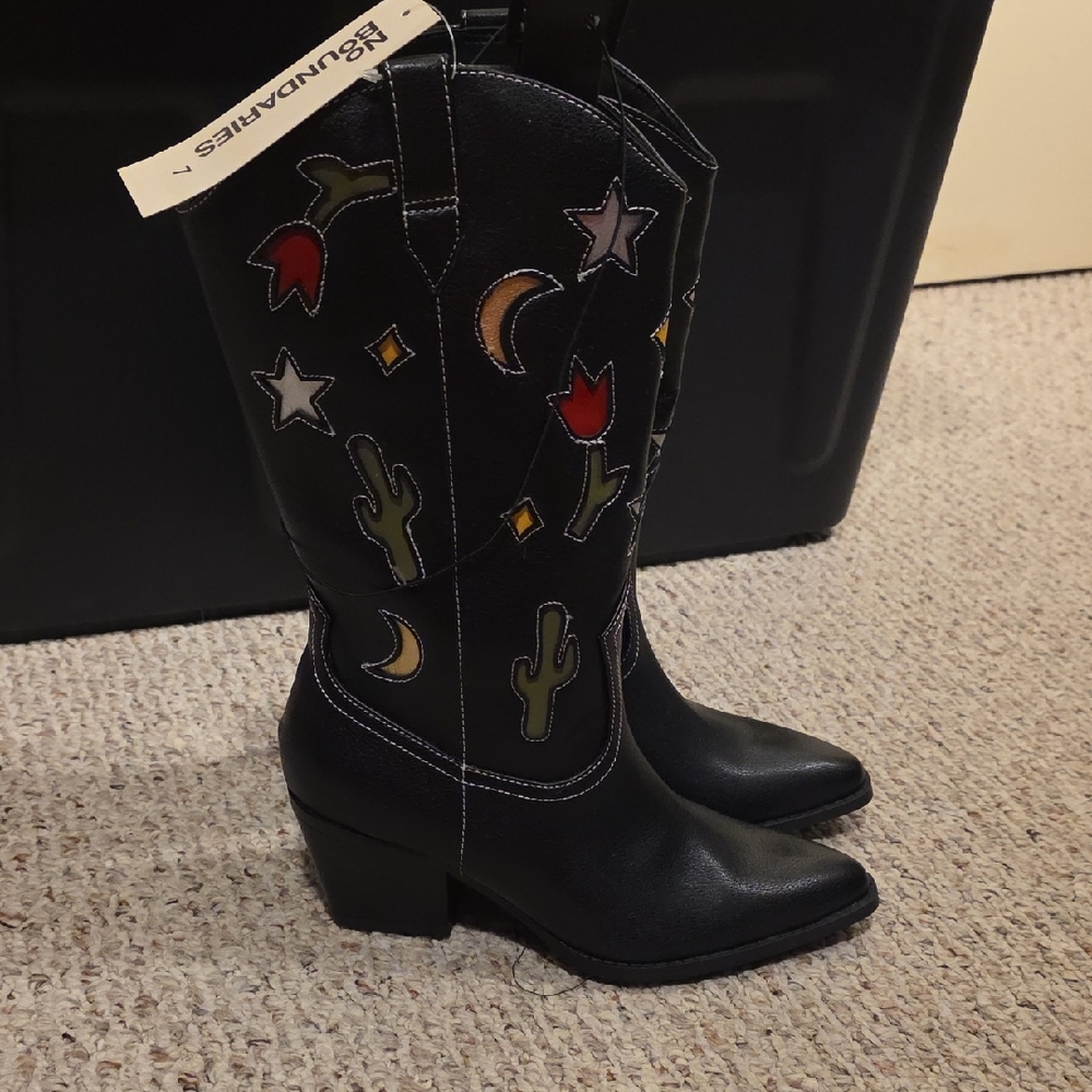 No Boundaries Black Cowboy Boots with Colorful Embroidery